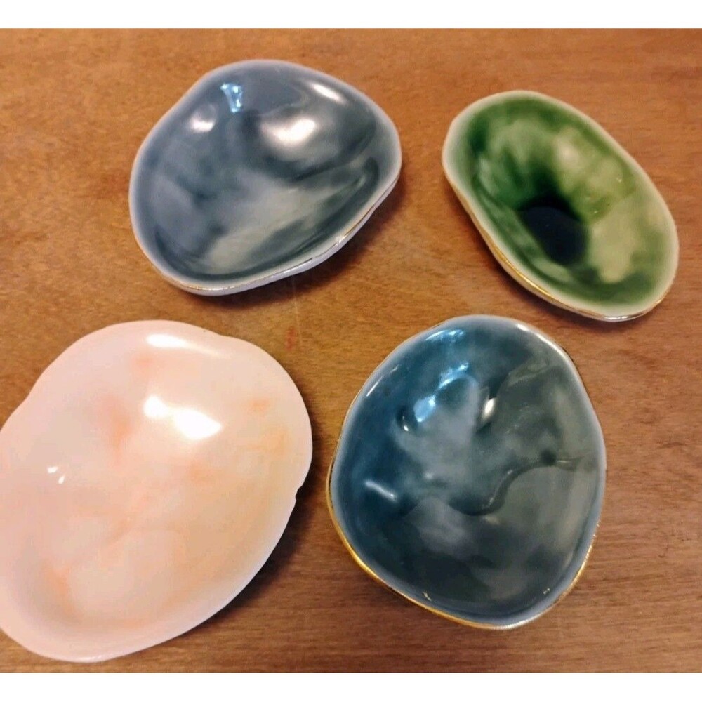 Set of 4 Artisan Ceramic Shell Trinket Dishes Gold Rim Blue Green Pink Catchall